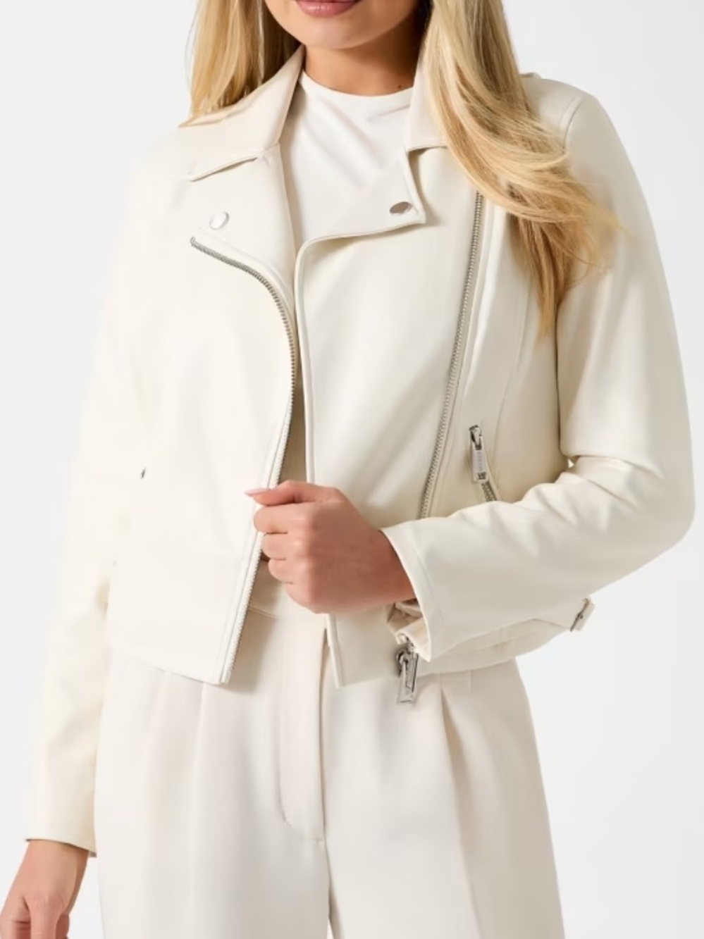 Calvin Klein Women's Cream Faux Leather Moto Jacket Zip-up Size M